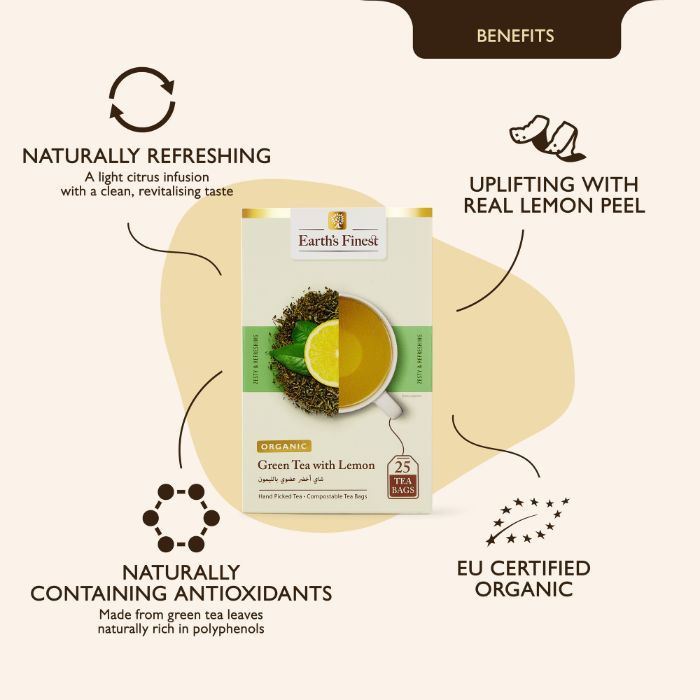 Earth’s Finest Organic Green Tea with Lemon, Detoxifying, Refreshing, Antioxidant-Rich Wellness Blend, 25 Tea Bags