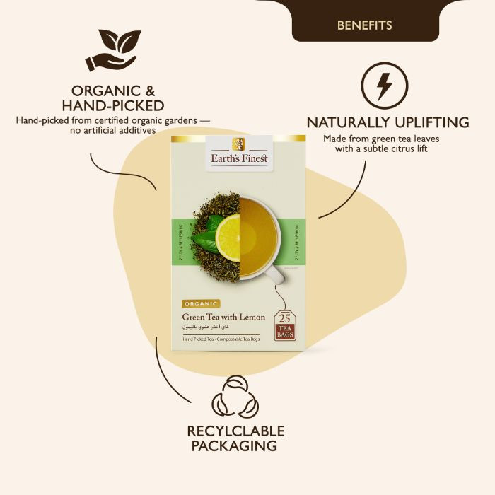 Earth’s Finest Organic Green Tea with Lemon, Detoxifying, Refreshing, Antioxidant-Rich Wellness Blend, 25 Tea Bags