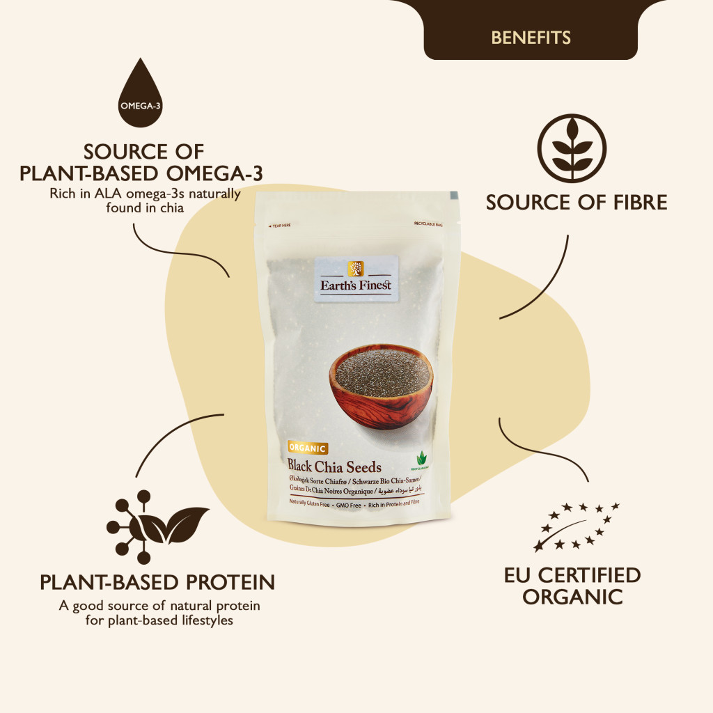 Earth’s Finest Organic Black Chia Seeds, Superfood for Baking, Smoothies, Puddings, Gluten-Free, Non-GMO, 300g