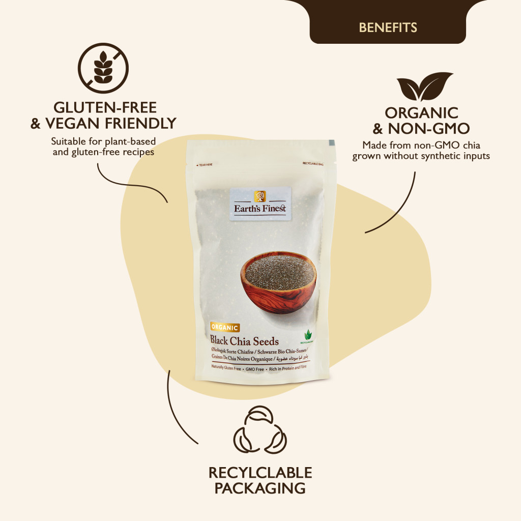 Earth’s Finest Organic Black Chia Seeds, Superfood for Baking, Smoothies, Puddings, Gluten-Free, Non-GMO, 300g