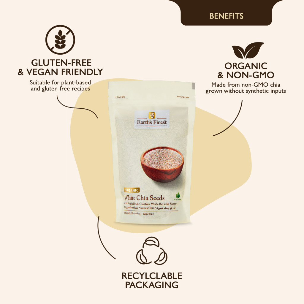 Earth's Finest Organic White Chia Seeds, High Fiber, Omega-3, Gluten-Free Superfood, 300g