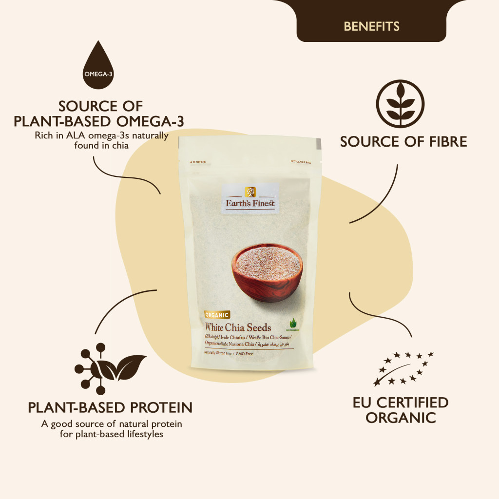 Earth's Finest Organic White Chia Seeds, High Fiber, Omega-3, Gluten-Free Superfood, 300g
