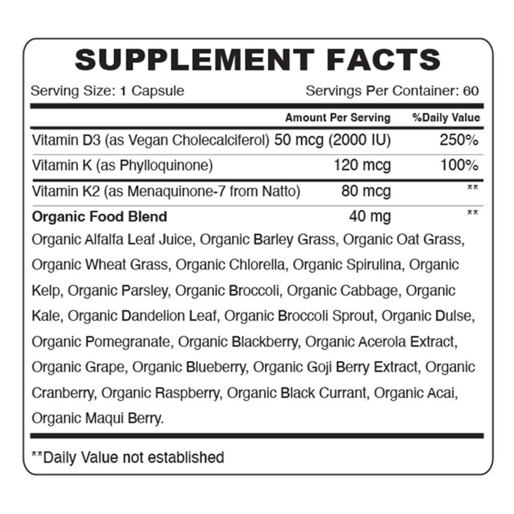 Organic Earth Vitamin D3 + K2 , Supports Bone and Immune Health - 60 Capsules