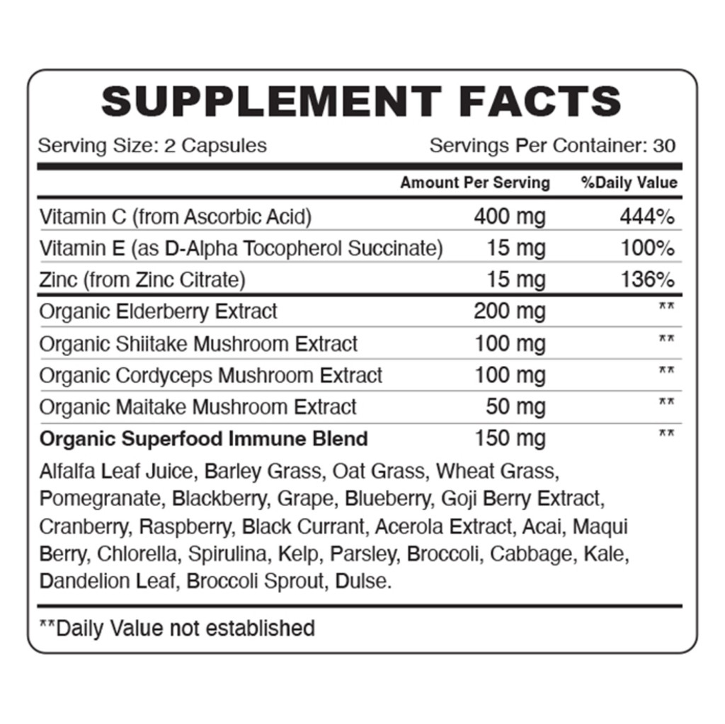 Organic Earth Immune Guard, Vitamin C, Zinc, Elderberry and Mushroom Immune Support - 60 Capsules