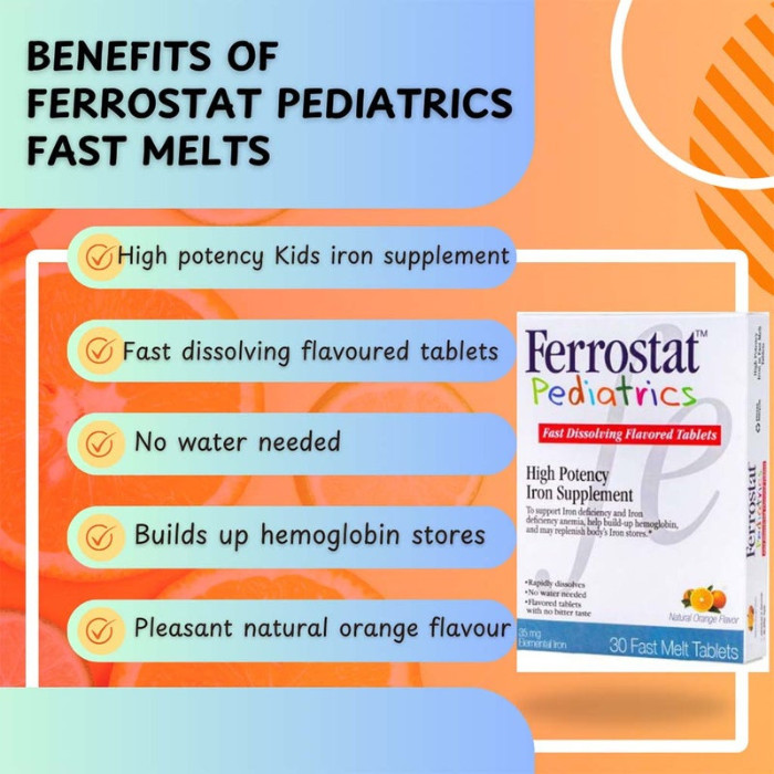 Ferrostat Pediatrics Fast Melt Tablets – Iron Supplement for Kids, Fast-Absorbing, Gentle on Stomach, Great Taste 30s