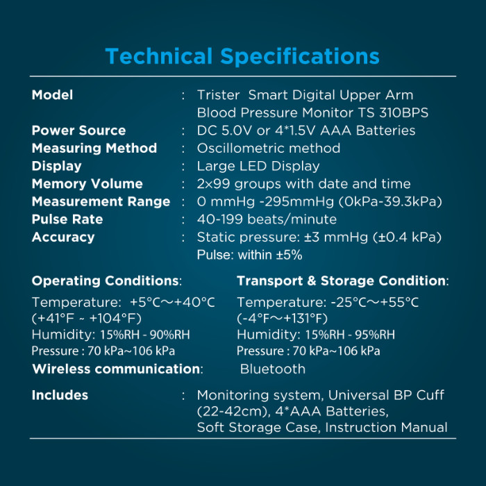 Trister Smart Automatic Upper Arm Blood Pressure Monitor, MDI Technology, Bluetooth and Dual User Memory - TS 310BPS