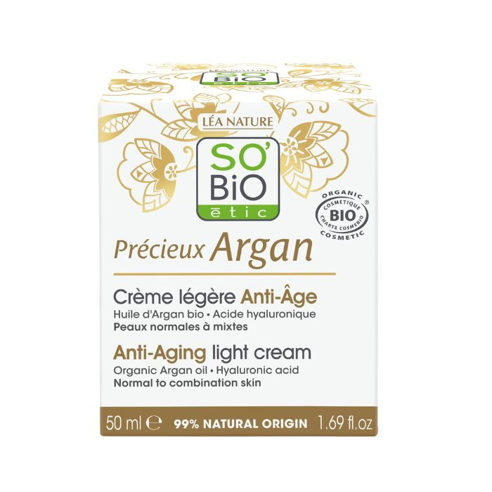 So Bio Etic Organic Argan Anti-Aging Light Cream, Hyaluronic Acid, 99% Natural Origin, 50ml