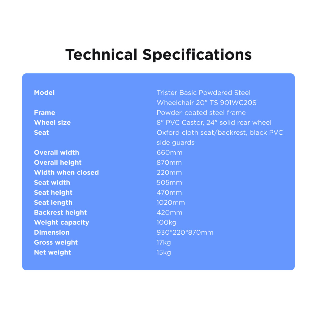 Trister Basic Powdered Steel Wheelchair 20 TS 901WC20S