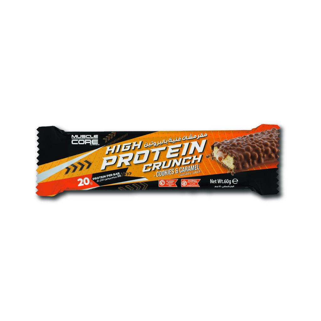 Muscle Core Protein Crunch Bar Cookies & Caramel 60g, 20g Protein, No Sugar, Guilt-Free High Protein - Pack of 12 pcs
