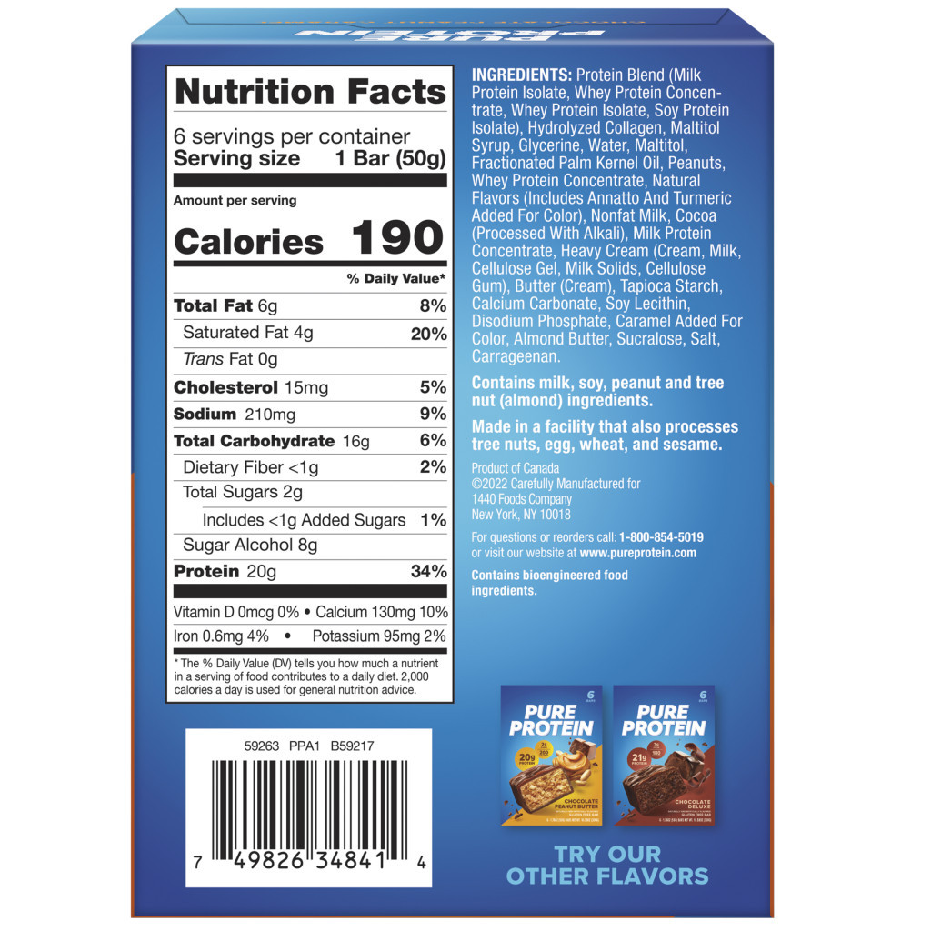 Pure Protein Bar Chocolate Peanut Caramel, High Protein, Low Sugar Snack , Gluten-Free Fuel On the Go 50g -Box of 6