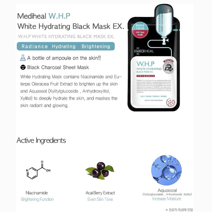 Mediheal WHP White Hydrating Black EX Sheet Mask, Brightening, Moisturizing and Purifying Charcoal Mask - 25ml