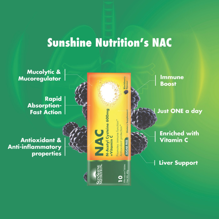 Sunshine Nutrition NAC 600mg with Vitamin C – Immunity & Respiratory Support – 10 Effervescent Tablets