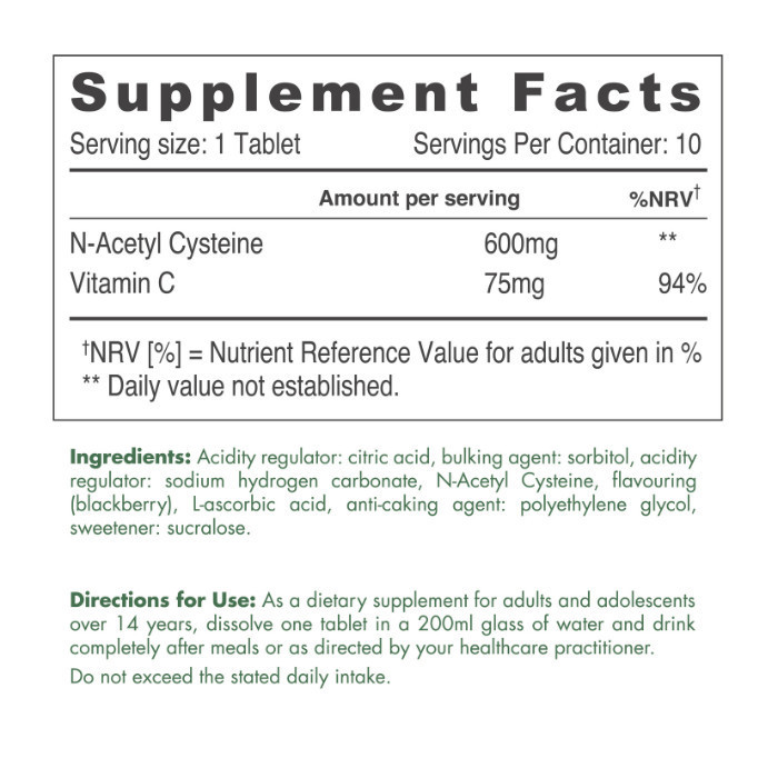 Sunshine Nutrition NAC 600mg with Vitamin C – Immunity & Respiratory Support – 10 Effervescent Tablets