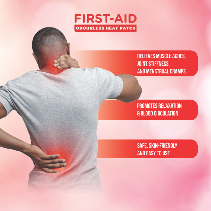 First Aid Odourless Heat Patch, Fast Pain Relief for Back, Neck, Shoulder, Cramps & Muscle Aches - 2 Patches