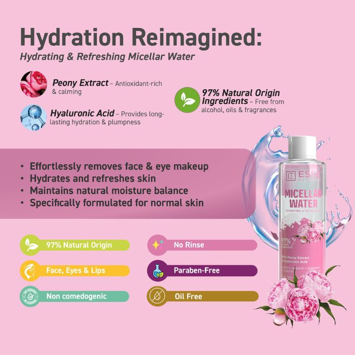 Esse Beauty Micellar Water Hydrating & Refreshing, 97% Natural Origin Makeup Remover for Normal Skin, 250ml