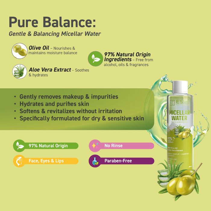 Esse Beauty Micellar Water Gentle & Balancing, 97% Natural Makeup Remover for Dry and Sensitive Skin, 250ml