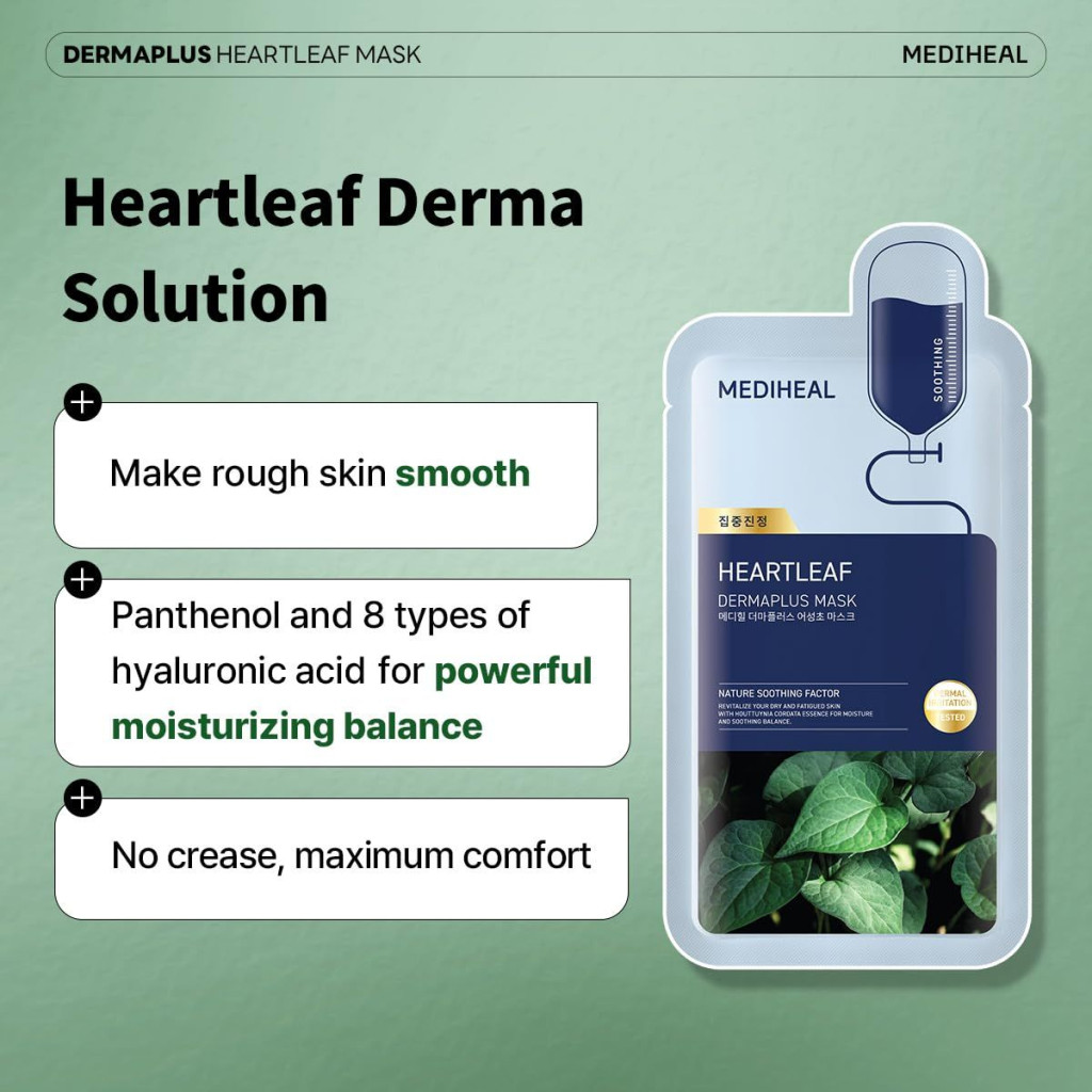 Mediheal Dermaplus Mask, Calming and Hydrating Vegan Sheet with Heartleaf Essence - 22ml
