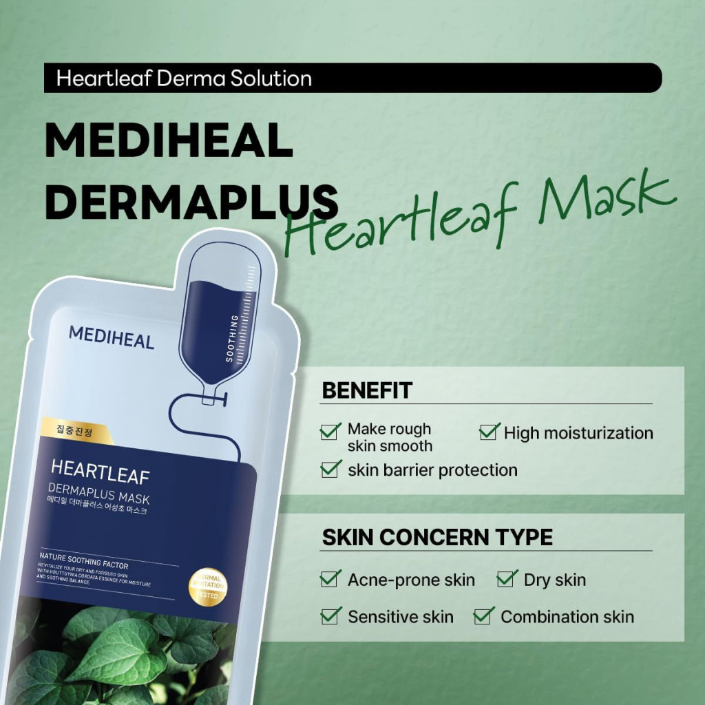 Mediheal Dermaplus Mask, Calming and Hydrating Vegan Sheet with Heartleaf Essence - 22ml