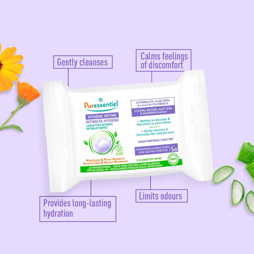 Puressentiel Intimate Hygiene, Gentle Refreshing Cleansing Wipes for Sensitive Intimate Care, 20s