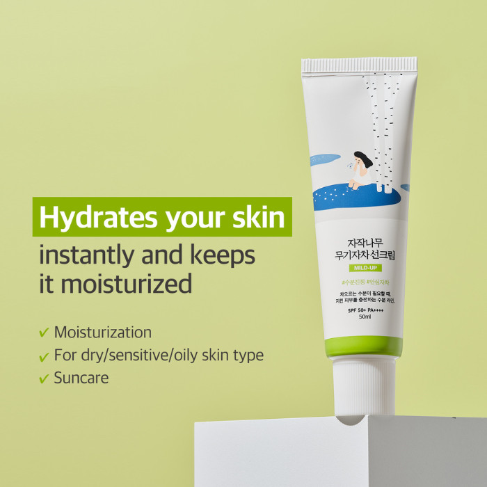Round Lab Birch Juice Mild-Up Sunscreen SPF50+ PA++++, Gentle Mineral UV Protection with Birch Sap for Sensitive Skin 50ml