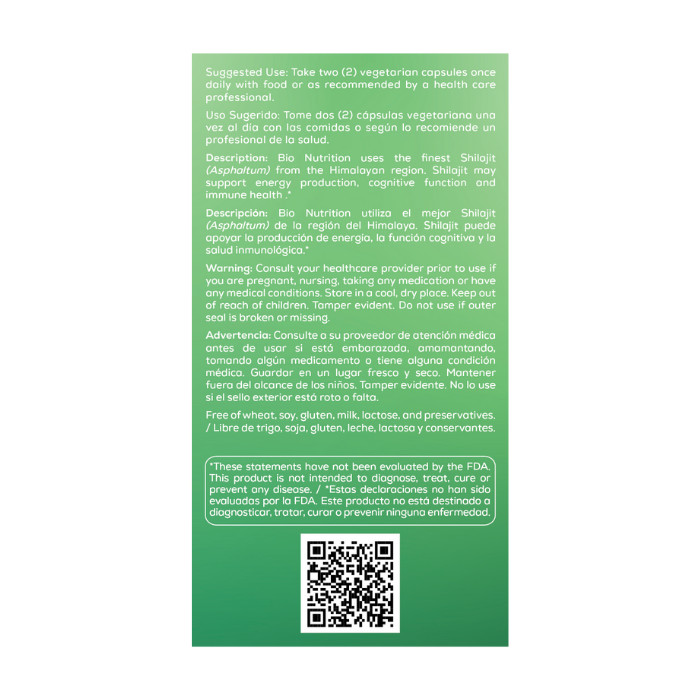 Bio Nutrition Shilajit, Extract for Energy, Immunity and Cognitive Health, 60 Vegetarian Capsules