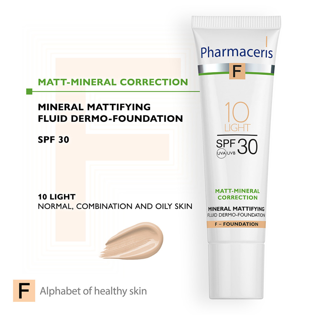 Pharmaceris F Mattifying Fluid Foundation Light 10 (SPF30), Acne-Safe Coverage for Oily and Sensitive Skin, 30ml