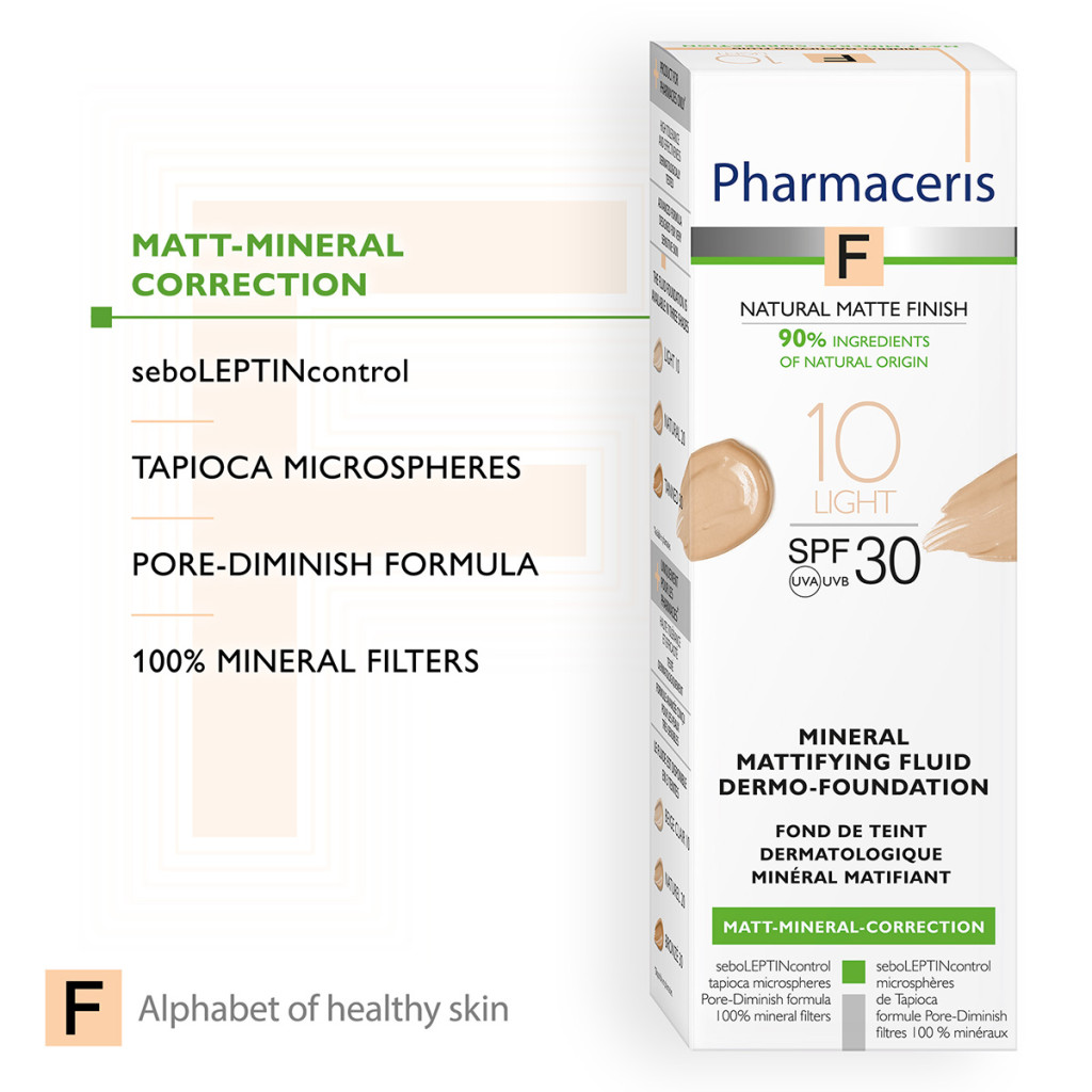 Pharmaceris F Mattifying Fluid Foundation Light 10 (SPF30), Acne-Safe Coverage for Oily and Sensitive Skin, 30ml