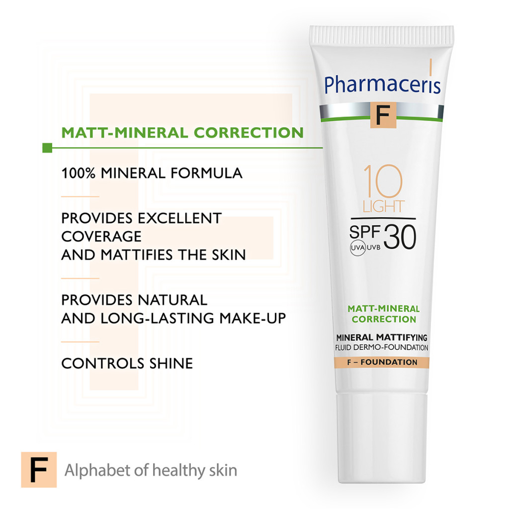 Pharmaceris F Mattifying Fluid Foundation Light 10 (SPF30), Acne-Safe Coverage for Oily and Sensitive Skin, 30ml