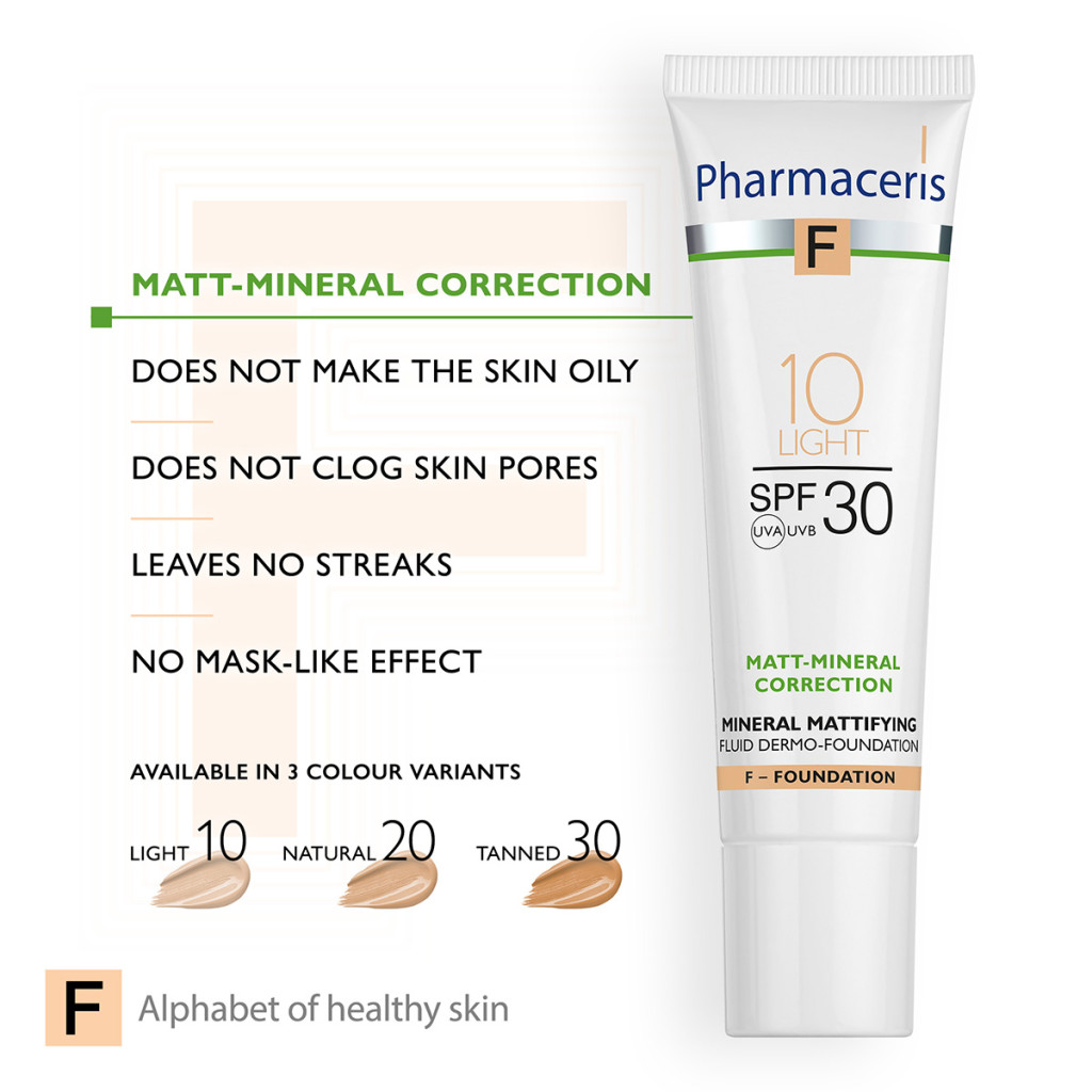 Pharmaceris F Mattifying Fluid Foundation Light 10 (SPF30), Acne-Safe Coverage for Oily and Sensitive Skin, 30ml