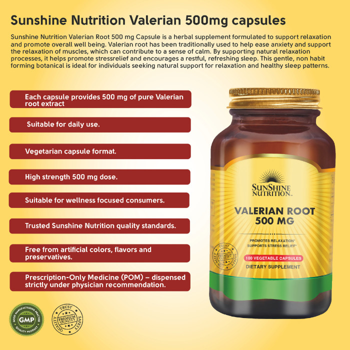 Sunshine Nutrition Valerian Root 500mg, Natural Sleep, Relaxation and Stress Support, 100 Vegetable Capsules
