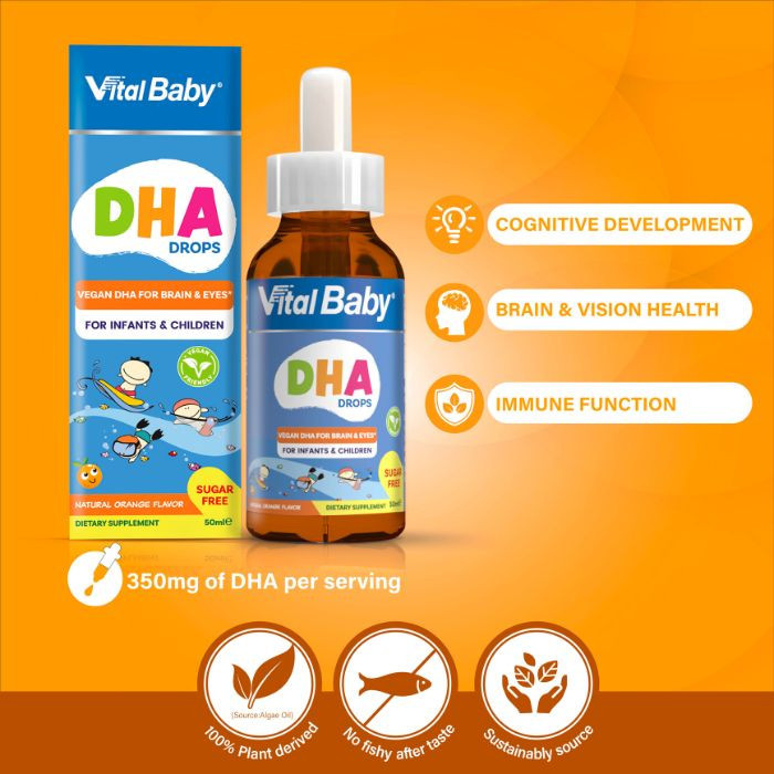 Vital Healthcare Vital Baby DHA Drops, Omega-3 Marine Algae Supplement for Infant Brain, Vision & Heart Health, 50ml