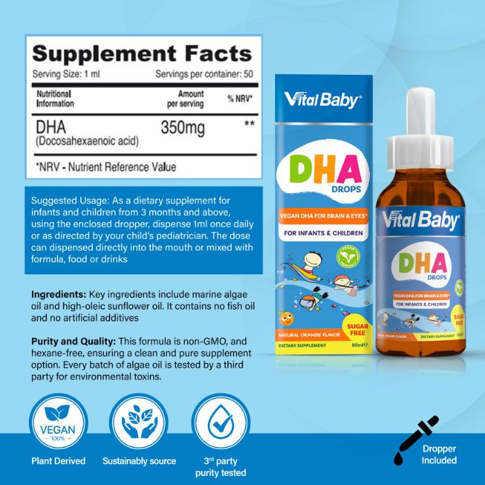 Vital Healthcare Vital Baby DHA Drops, Omega-3 Marine Algae Supplement for Infant Brain, Vision & Heart Health, 50ml