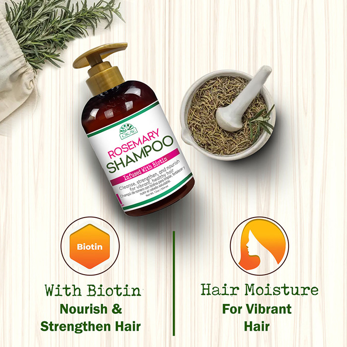 Okay Pure Rosemary with Biotin Shampoo, Strengthening, Moisture-Restoring Cleanser for All Hair Types, 354ml