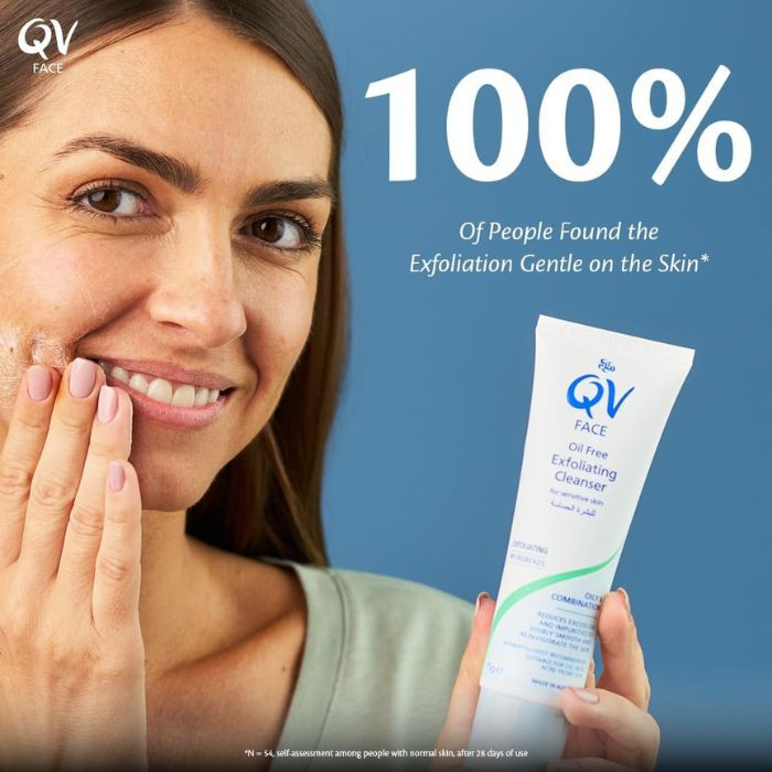 QV Face Oil-Free Exfoliating Cleanser, Gentle Daily Scrub for Sensitive Skin, Smooths and Hydrates, 75g
