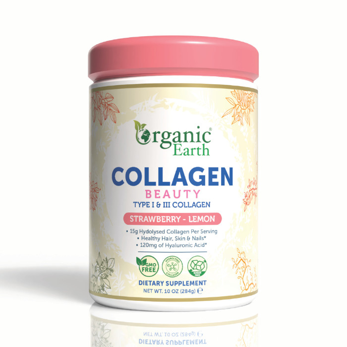 Organic Earth Collagen Beauty Strawberry-Lemon, Hydrolysed Collagen with Hyaluronic Acid and Vitamin C - 284g