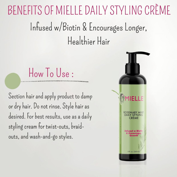 Mielle Organics Rosemary Mint Daily Styling Cream, Frizz Control, Nourishing Hold and Hydration with Biotin - 240ml