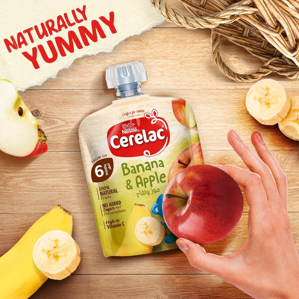 Nestle Cerelac Puree Banana & Apple, Nutritious Baby Food with Vitamin C, No Added Sugar or Salt, 90g