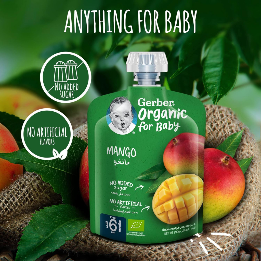 Gerber Organic Puree Baby Food Mango, 100% Organic Fruit Puree for Babies 6+ Months, No Added Sugar, 90g