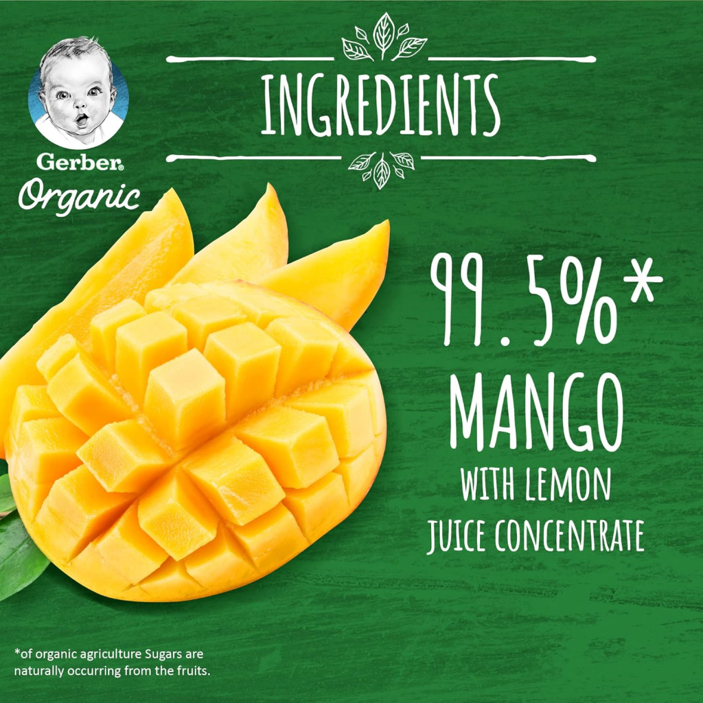 Gerber Organic Puree Baby Food Mango, 100% Organic Fruit Puree for Babies 6+ Months, No Added Sugar, 90g