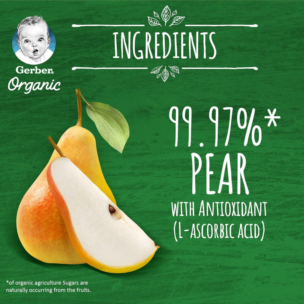 Gerber Organic Puree Baby Food Pear, 100% Organic Fruit Puree for Babies 6+ Months, No Added Preservatives, 90 g