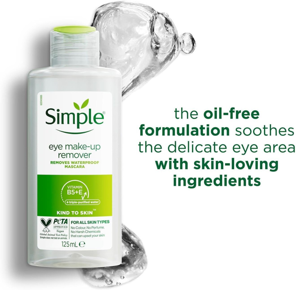 Simple Kind to Skin Eye Make-Up Remover Gentle, Vegan, Non-Greasy Cleanser for Sensitive Eyes, 125ml