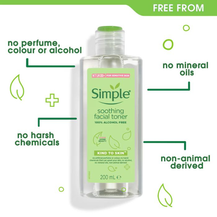 Simple Kind to Skin Soothing Vegan, Gentle, pH-Balancing Facial Toner for Sensitive Skin 200ml