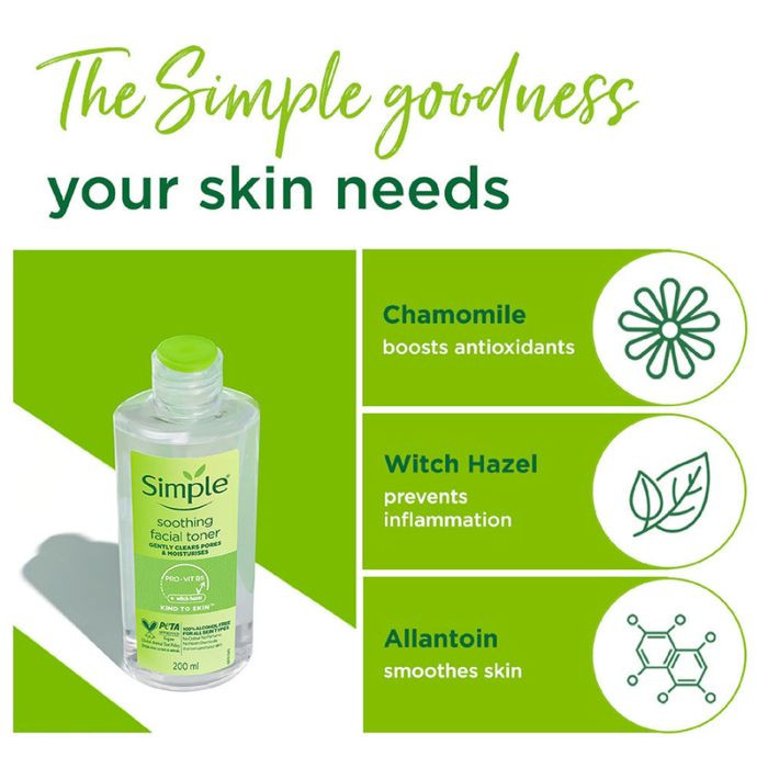 Simple Kind to Skin Soothing Vegan, Gentle, pH-Balancing Facial Toner for Sensitive Skin 200ml