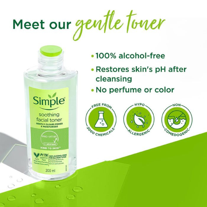 Simple Kind to Skin Soothing Vegan, Gentle, pH-Balancing Facial Toner for Sensitive Skin 200ml