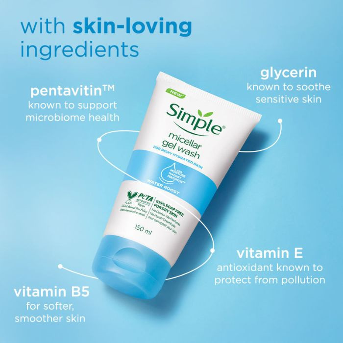 Simple Water Boost Micellar Gel Facial Wash, Hydrating Cleanser with Pentavitin For Dewy, Fresh Skin, 150ml