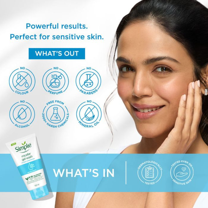 Simple Water Boost Micellar Gel Facial Wash, Hydrating Cleanser with Pentavitin For Dewy, Fresh Skin, 150ml