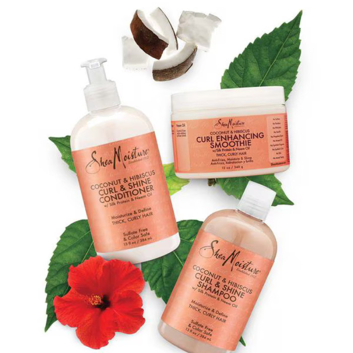 Shea Moisture Coconut and Hibiscus Curl & Shine Shampoo, Sulphate-Free Cleanser for Curly and Thick Hair - 384ml