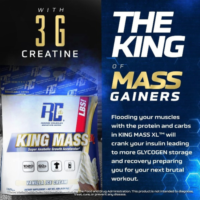 Ronnie Coleman King Mass XL, Strawberry Milkshake Weight Gainer with Protein, Carbs and Creatine - 15lb