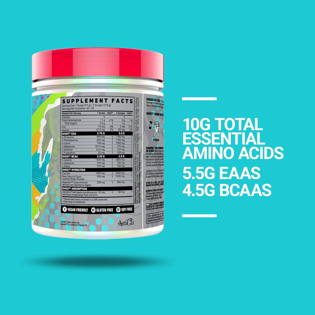 Ghost Amino EAA BCAA Blue Raspberry, 40 Servings Muscle Recovery and Hydration Supplement, 404g
