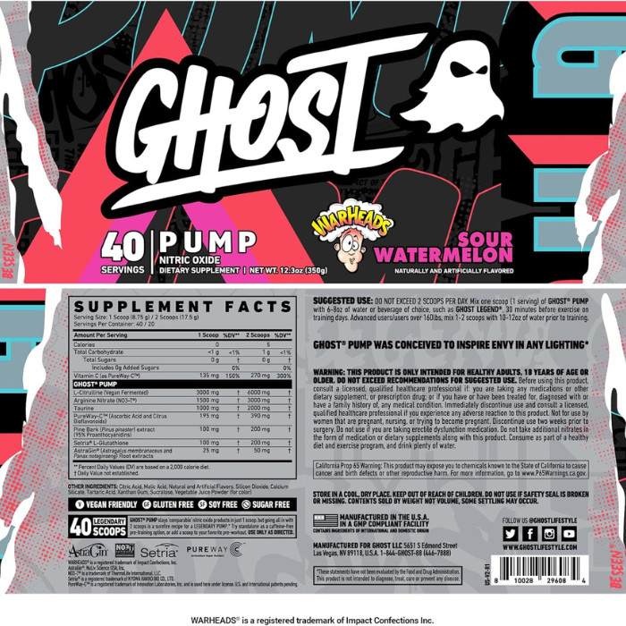Ghost Pump Pre-Workout, Warheads Sour Watermelon Nitric Oxide Booster Supplement - 40 Servings